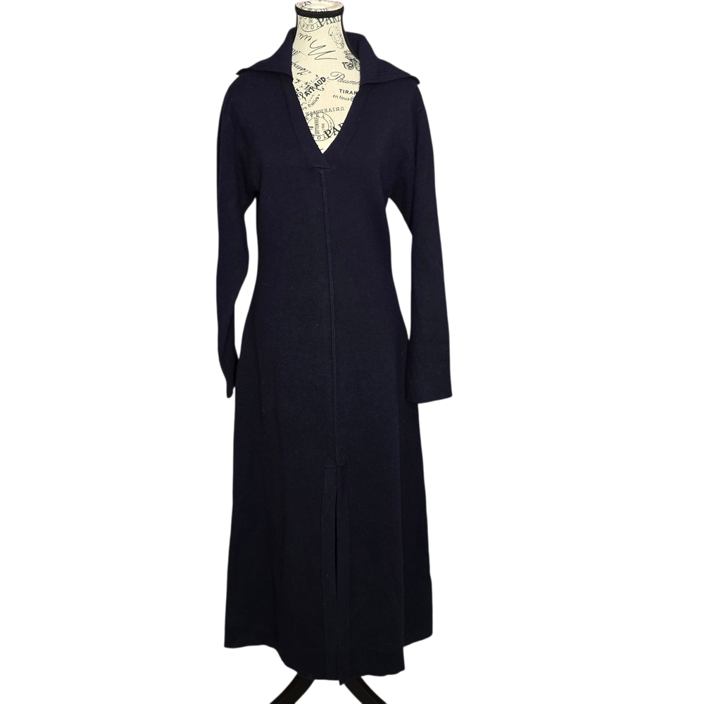 Sandro PARIS Elegant Long Sleeve Maxi Navy Blue Heavy Dress